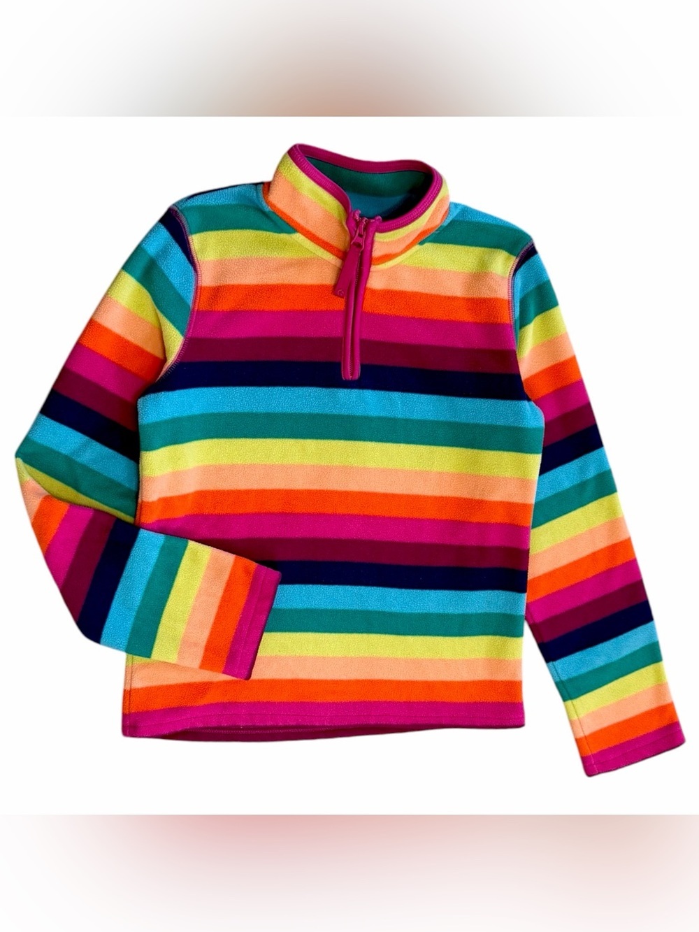 VTG Y2K Old Navy Girls' Rainbow Striped Quarter-Zip Pullover Large -Bright Multi